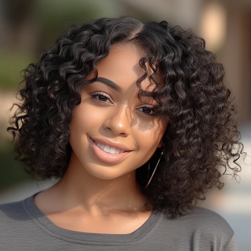 Short Bouncy Curly Bob With Side Bangs 5x5 / 13x4 HD Lace Human Hair Wigs