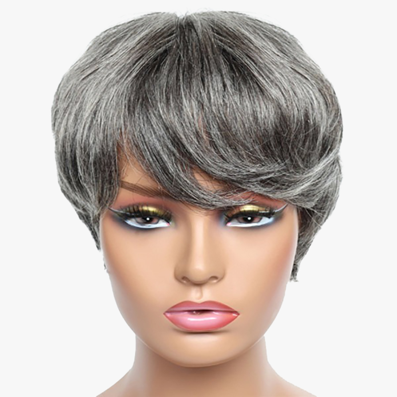 Salt And Pepper Grey Human Hair Pixie Cut Wig 5X5 Closure Lace Wig