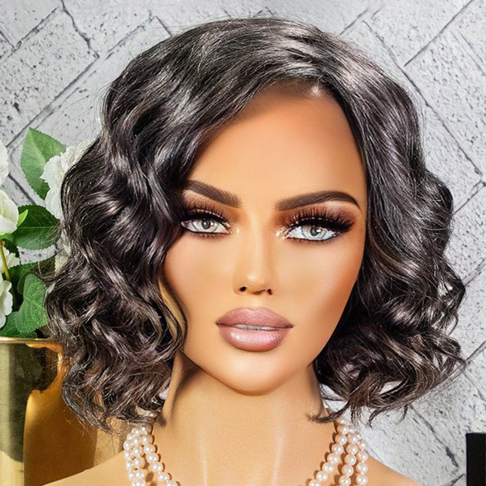 Short Wavy Salt & Pepper Bob Wig Non Lace Machine Made Human Hair Wig