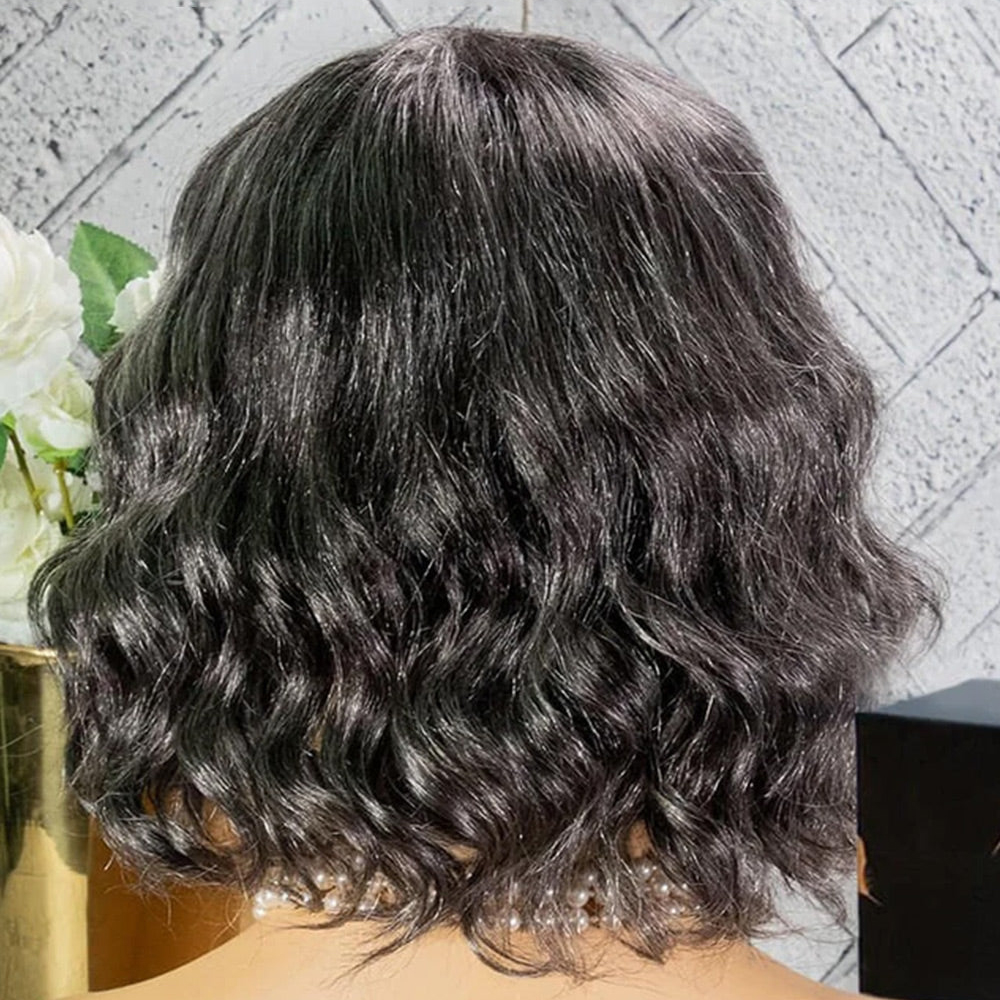 Short Wavy Salt & Pepper Bob 5X5 Lace Closure Wig Human Hair Gray Wigs