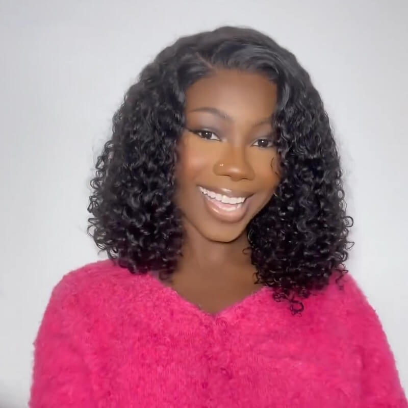 Short Bob Deep Wave Curly Lace Closure Wig Pre-Plucked & Bleached Knots