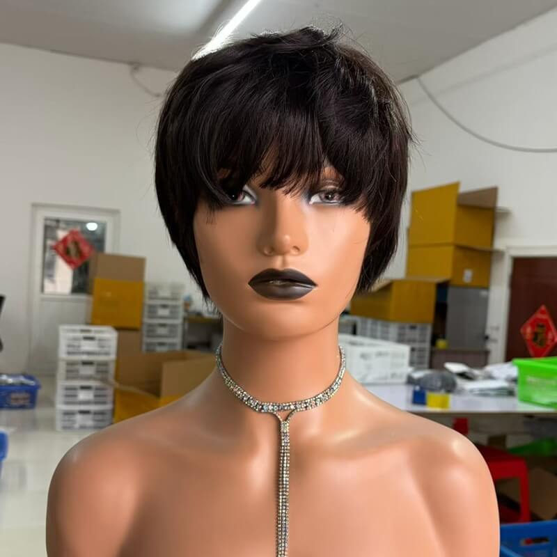 Short Pixie Cut Wig With Bangs Machine Made Glueless Human Hair Wig Wear To Go