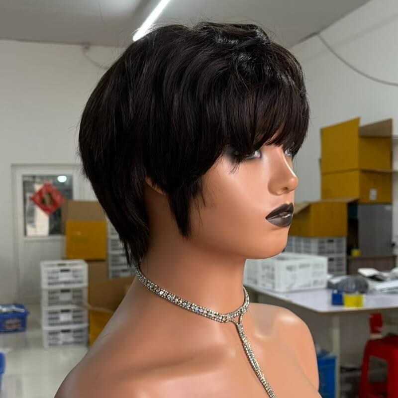 Short Pixie Cut Wig With Bangs Machine Made Glueless Human Hair Wig Wear To Go