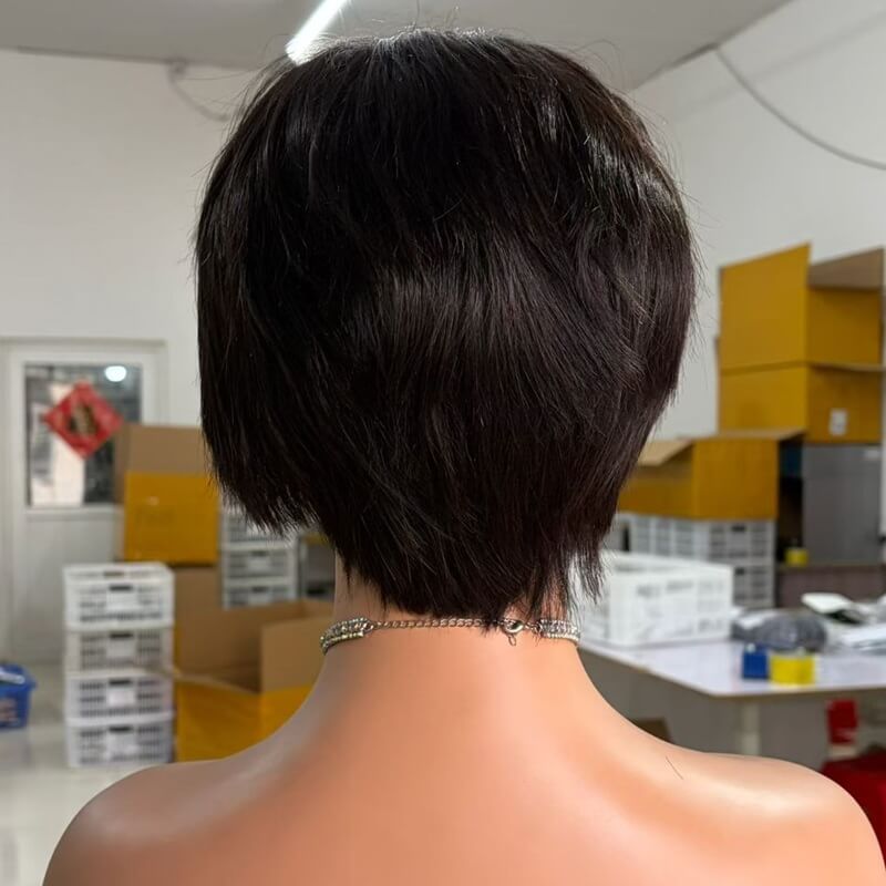 Short Pixie Cut Wig With Bangs Machine Made Glueless Human Hair Wig Wear To Go