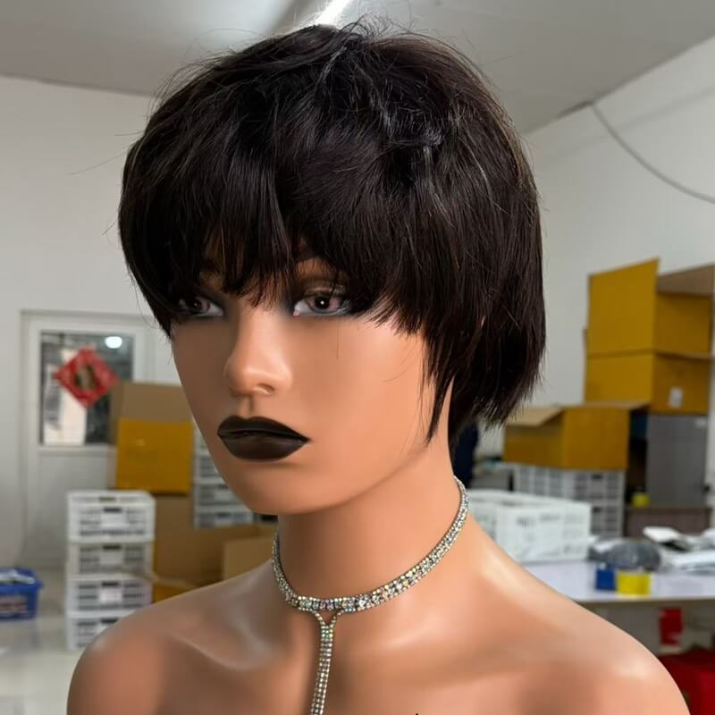 Short Pixie Cut Wig With Bangs Machine Made Glueless Human Hair Wig Wear To Go