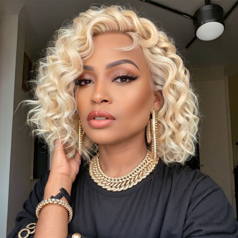 Luve Short Wavy Human Hair Wigs 613 Blonde HD Lace Front Bob Wigs