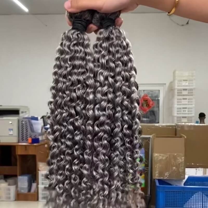 1 Bundle Silver Grey Hair Bundles Curly Salt and Pepper Human Hair Weave 