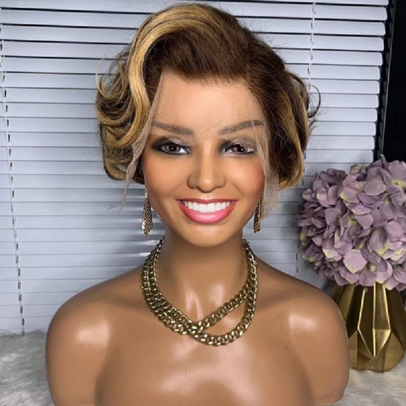 Luve Gorgeous Waves Pixie Cut Blonde Highlights Hair 13×4 Lace Front Wigs