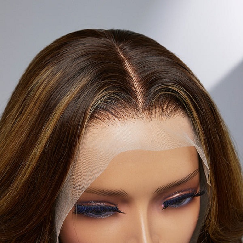 Loose Wave Brown Mix Highlight 13X4 Frontal Lace Mid Part Short Bob Wig