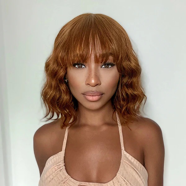 Throw On & Go Bronze Brown Human Hair Wave Wig Short Bob With Bangs