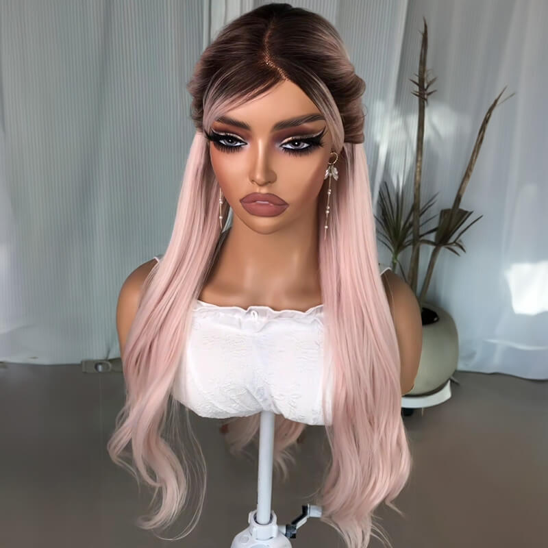 Trendy Dark Roots Pink Wave Wig Glueless 13x4 Human Hair Lace Front Wig