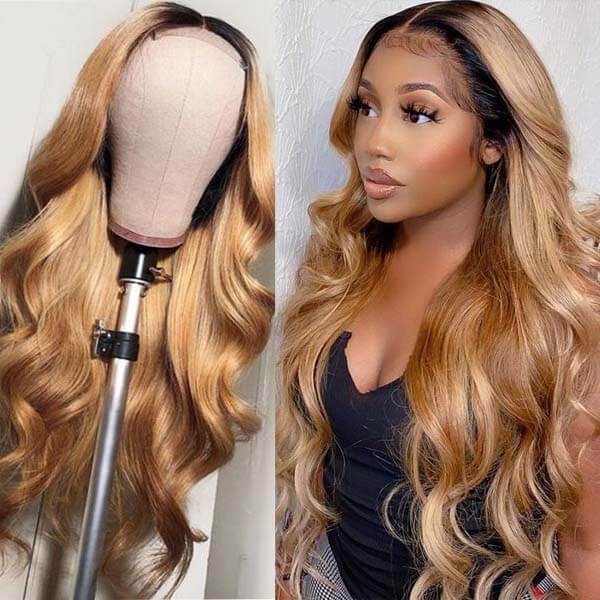 Luve Honey Brown With Dark Roots 1B/27 Highlight Human Hair Wigs 13x4 HD Lace Frontal Wig 