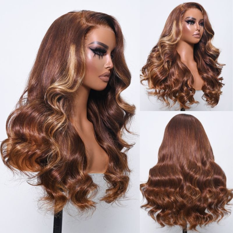 Golden Brown With Highlights Loose Wave 13X4 Lace Full Front Wig Human Hair