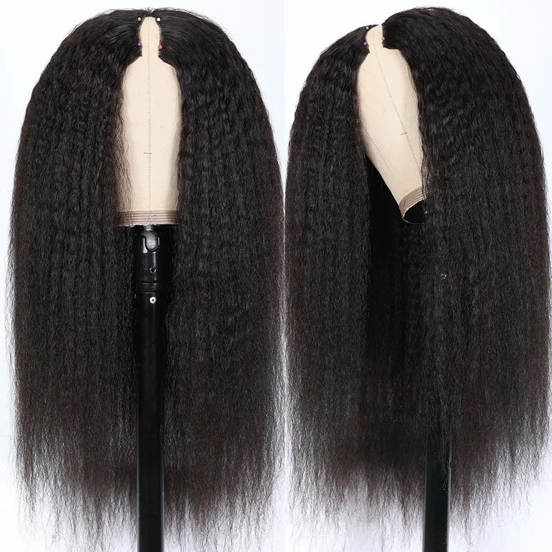 V Part Wig Kinky Straight Human Hair Protective Style None Lace Wig