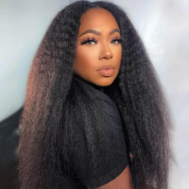 V Part Wig Kinky Straight Human Hair Protective Style None Lace Wig