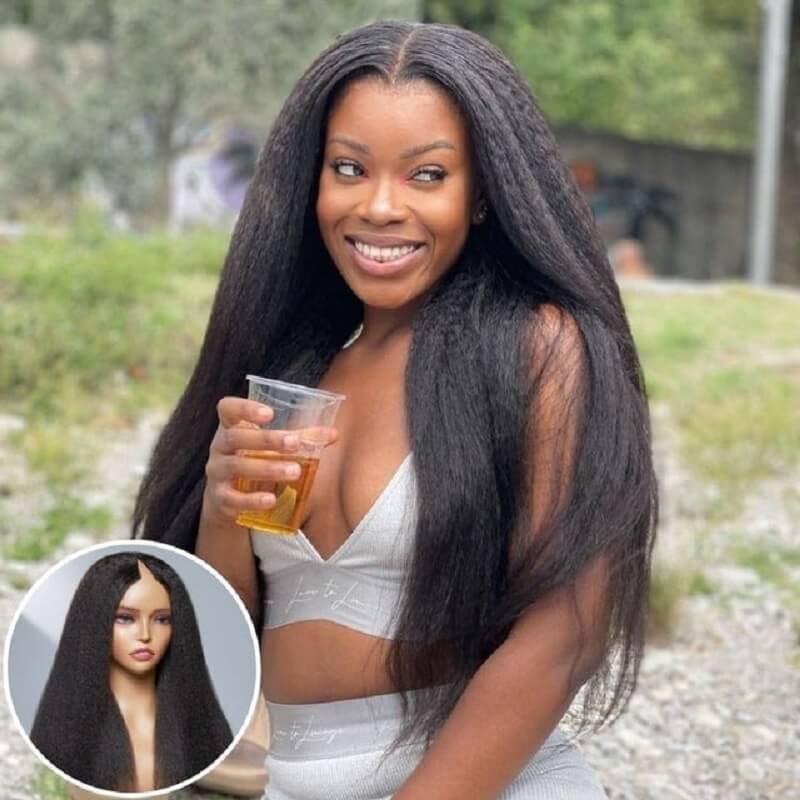 V Part Wig Kinky Straight Human Hair Protective Style None Lace Wig
