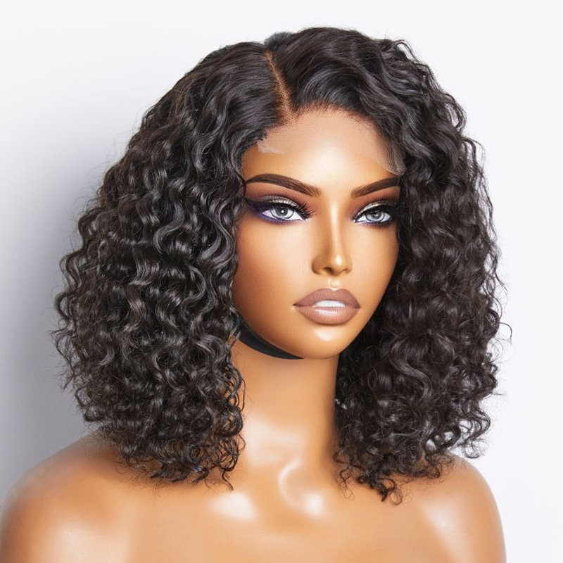 Water Wave 4x4 Closure Lace Wig Glueless Side Part Short Bob Wig 100% Human Hair