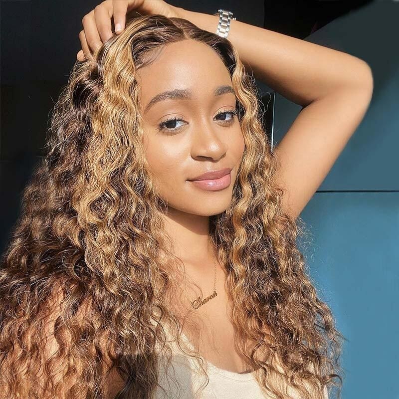 Luve 13X6 HD Lace Blonde Highlight Ombre Curly Human Hair Wigs
