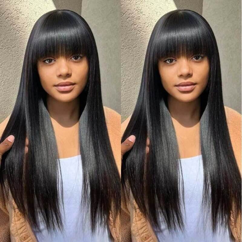 Luve Realistic Yaki Straight 13X4 Lace Frontal  Wig With Bangs Minimalist 100% Human Hair