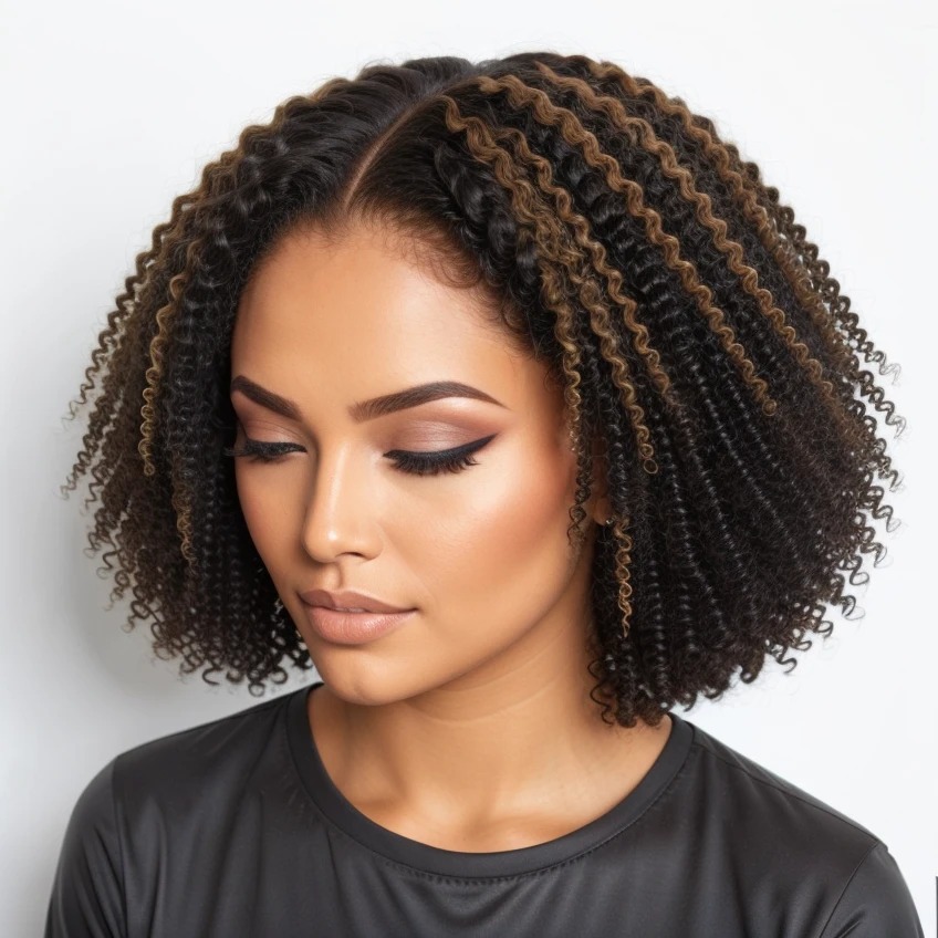 Luve Highlight Afro Curls Glueless Bob 5x5 Closure Lace Human hair Wig